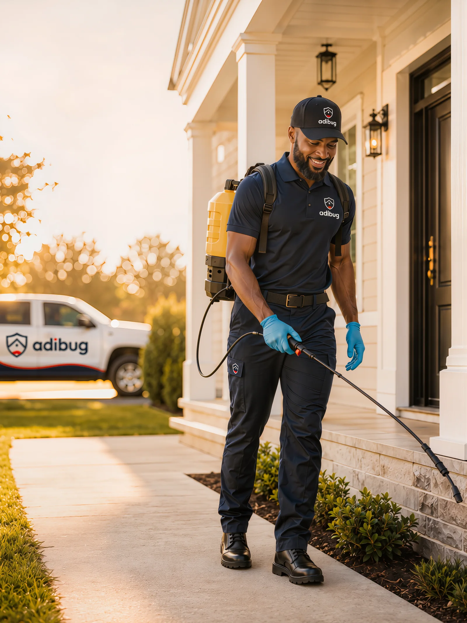 Adibug pest control technician in uniform at a Hampton Roads home